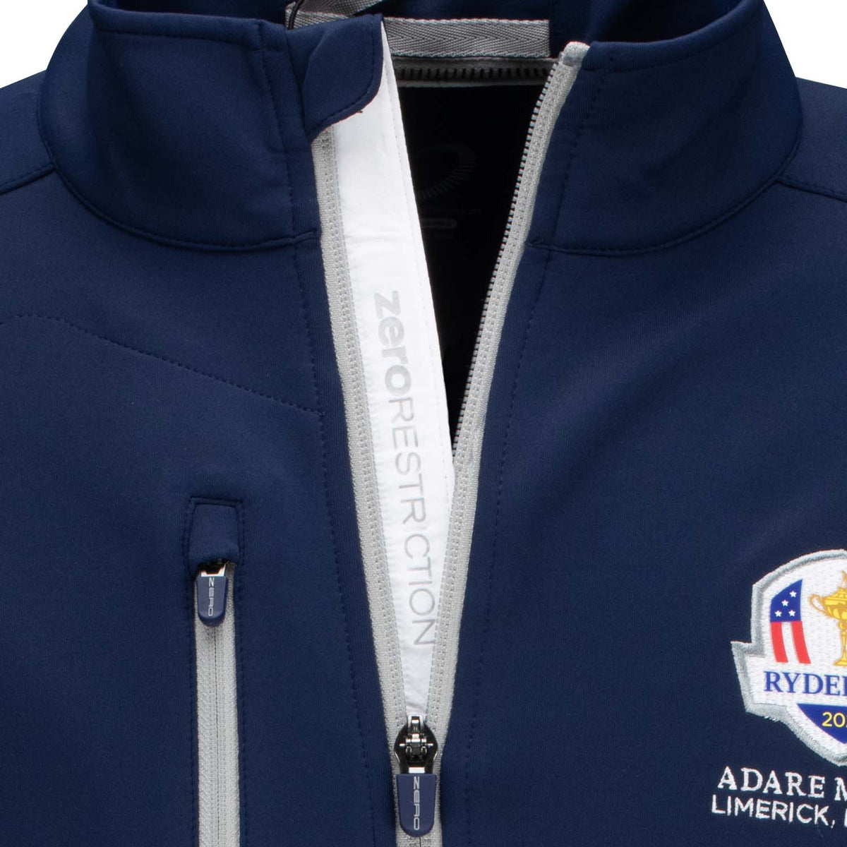 Zero Restriction 2027 Ryder Cup Z500 Performance Quarter Zip in Navy and Metallic Silver - Zipper Close Up