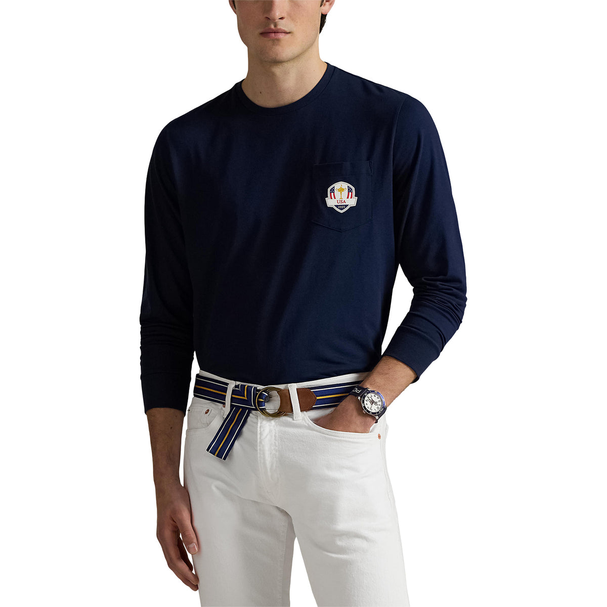 Ralph Lauren 2025 Ryder Cup Performance Long Sleeve T-Shirt in Refined Navy - Modeled Front View