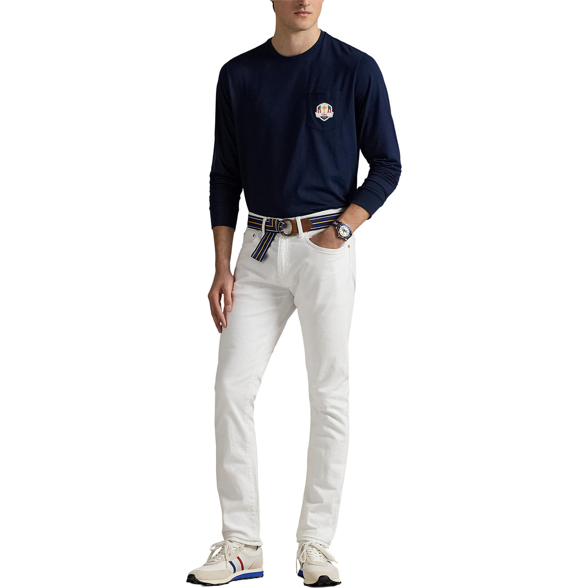Ralph Lauren 2025 Ryder Cup Performance Long Sleeve T-Shirt in Refined Navy - Modeled Full Body