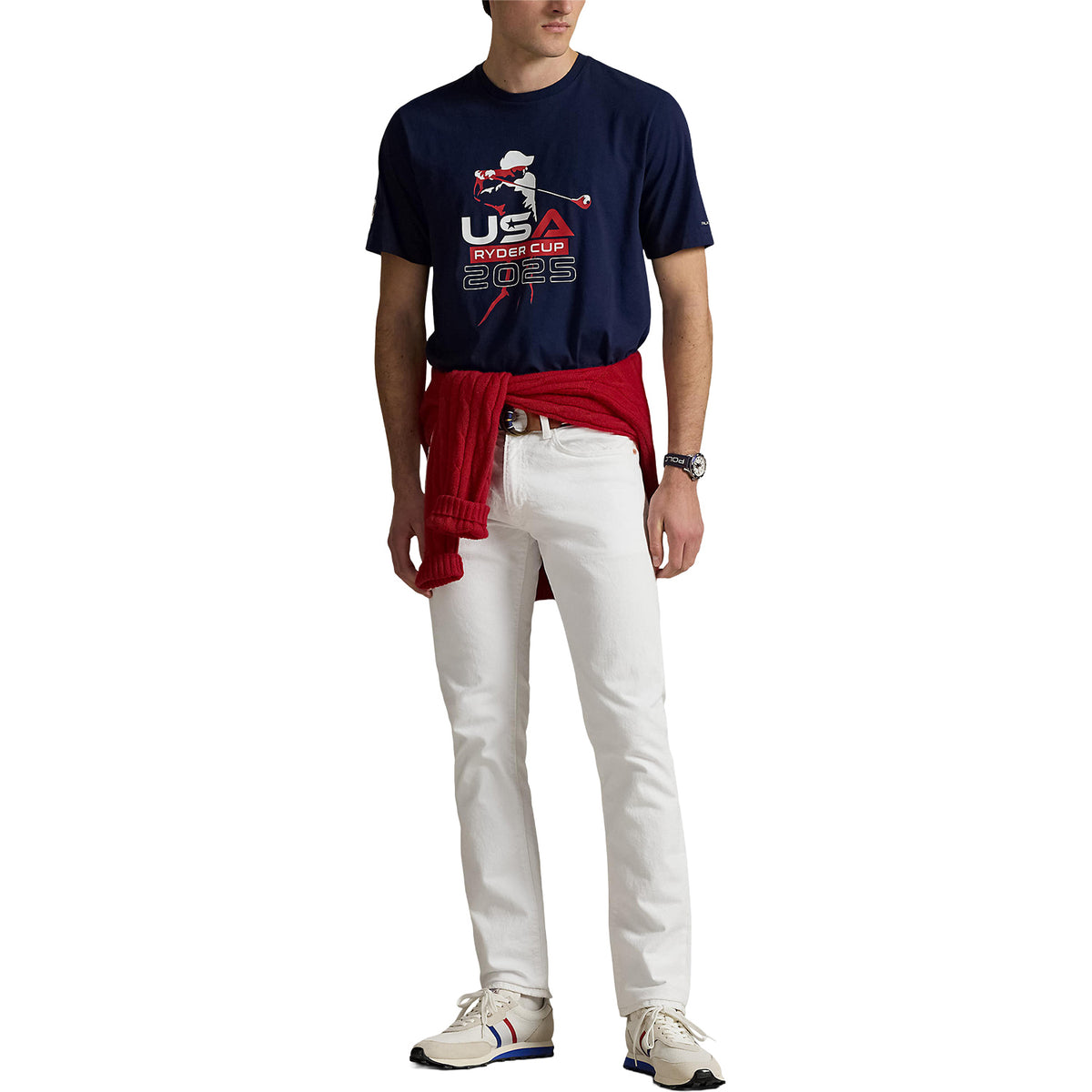 Ralph Lauren 2025 Ryder Cup Graphic T-Shirt in Refined Navy - Modeled Full Body View
