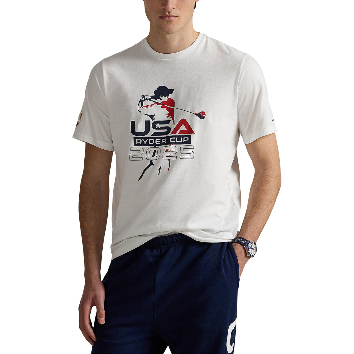 Ralph Lauren 2025 Ryder Cup Graphic T-Shirt in Ceramic White - Modeled Front View