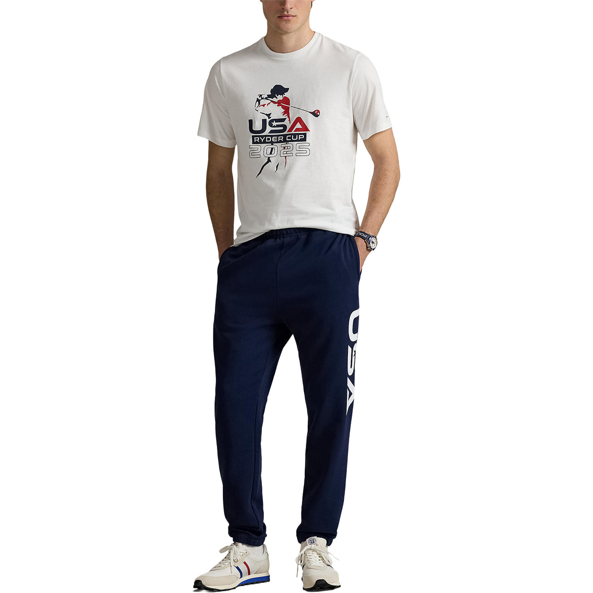 Ralph Lauren 2025 Ryder Cup Graphic T-Shirt in Ceramic White - Modeled Full Body View
