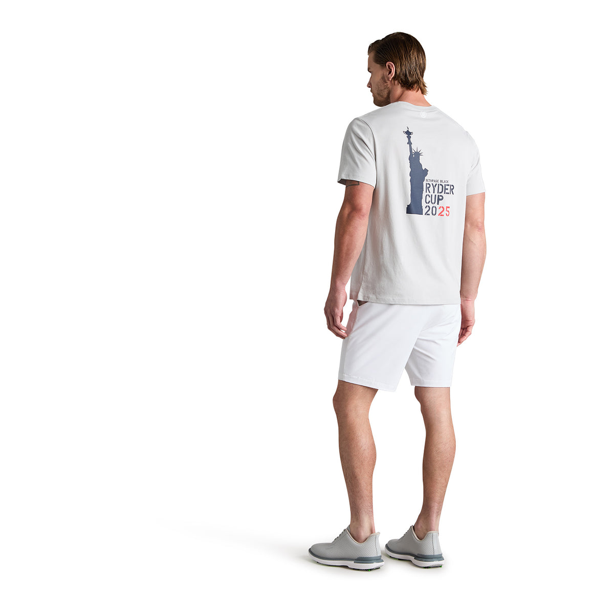 GFORE 2025 Ryder Cup Liberty Cotton Jersey T-Shirt in Light Heather Grey - Modeled Back View