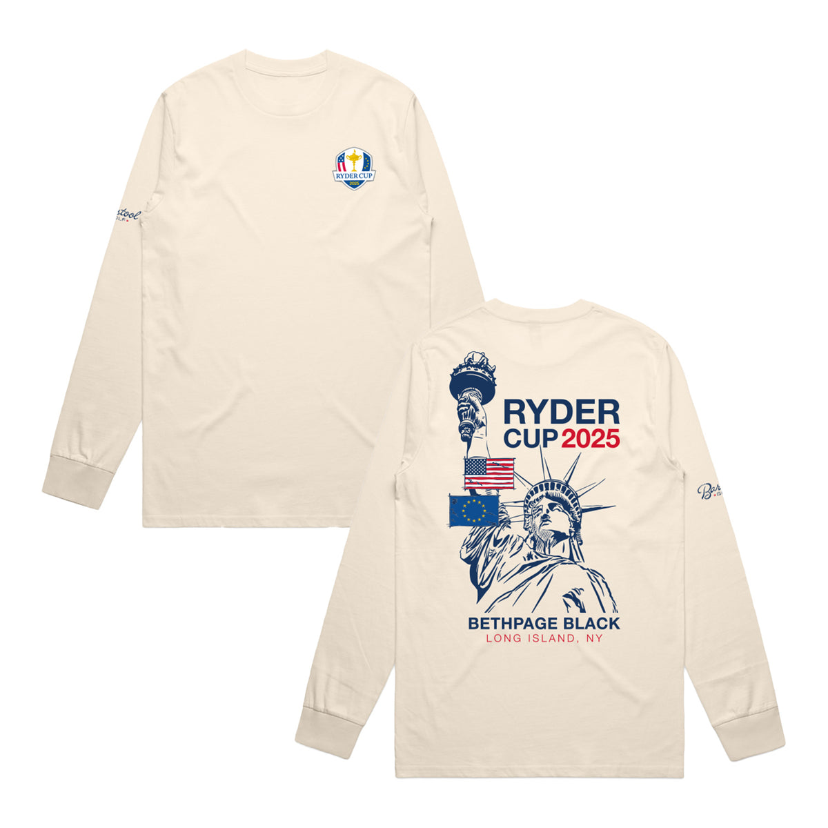 Barstool 2025 Ryder Cup Lady Liberty Flags Long Sleeve T-Shirt in Ivory - Front and Back View