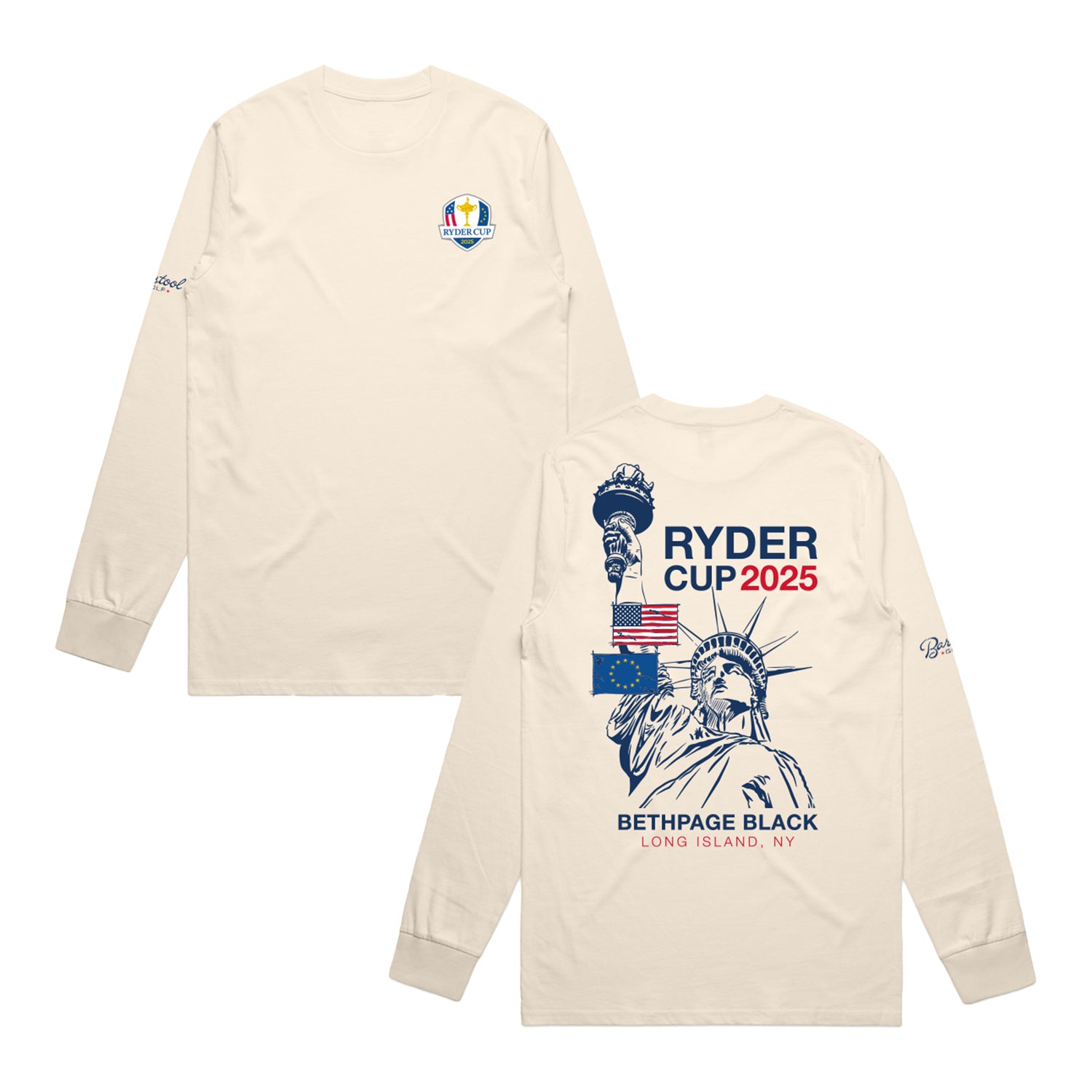 Barstool 2025 Ryder Cup Lady Liberty Flags Long Sleeve T-Shirt in Ivory - Front and Back View