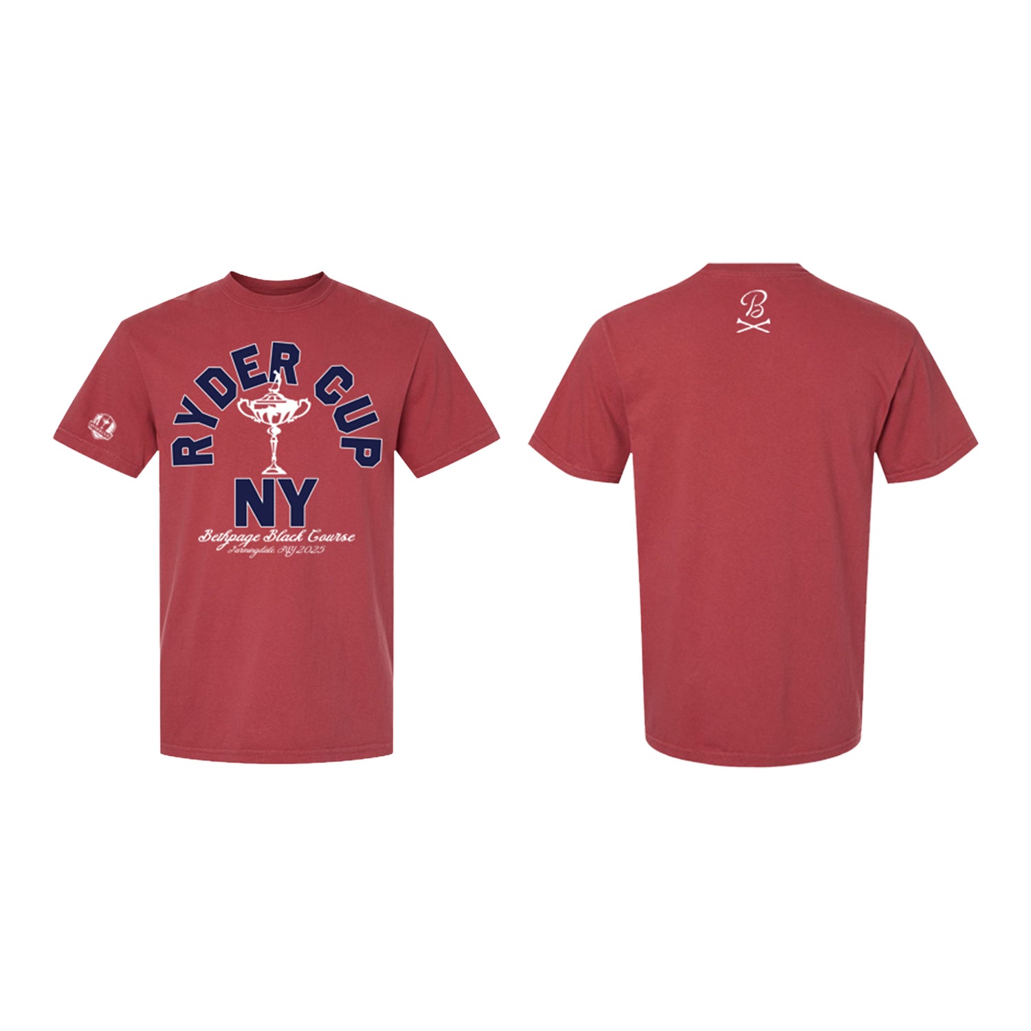 Barstool 2025 Ryder Cup Arched Text and Trophy T-Shirt in Red - Front and Back View