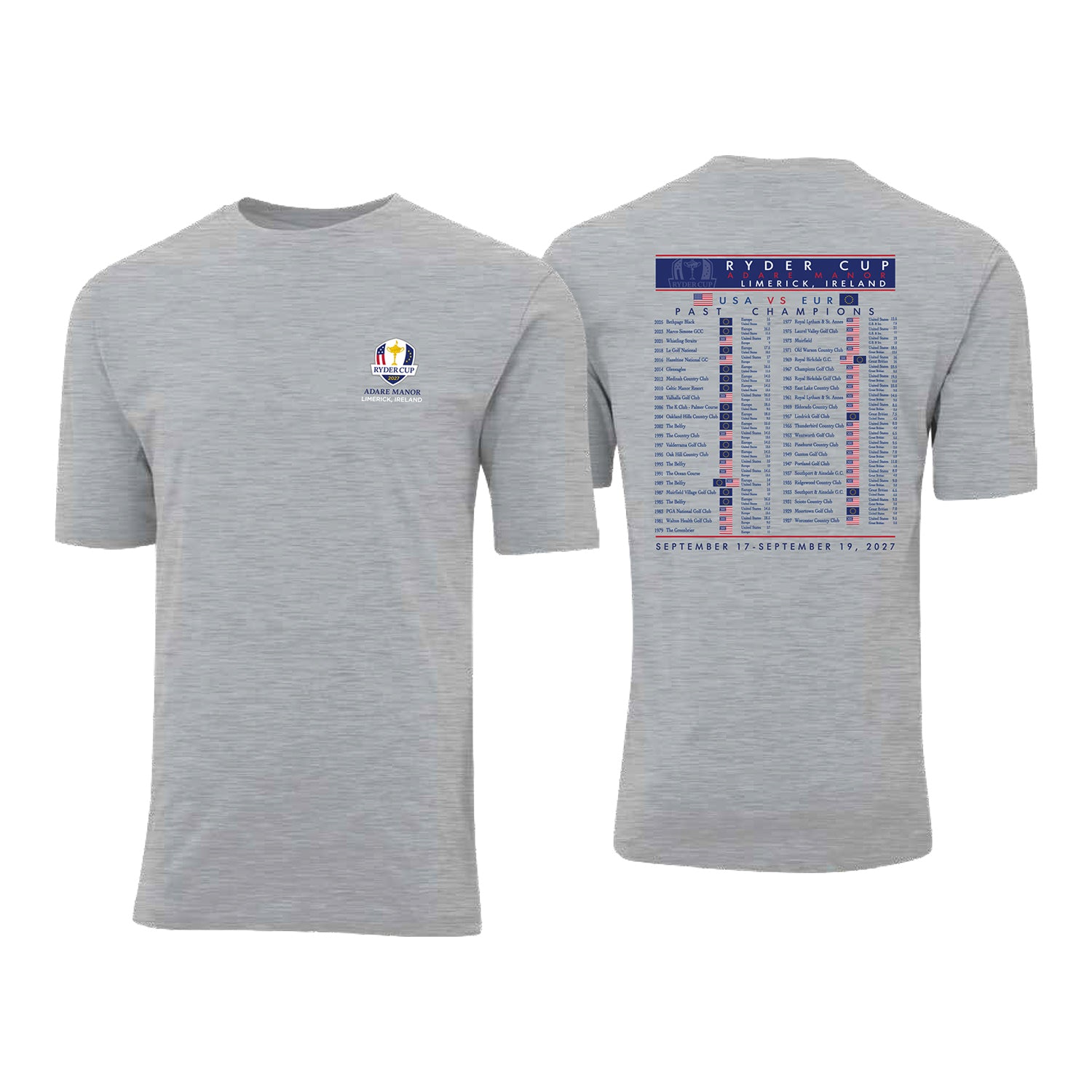 Ahead 2027 Ryder Cup Past Championship T-Shirt in Grey - Front and Back Views