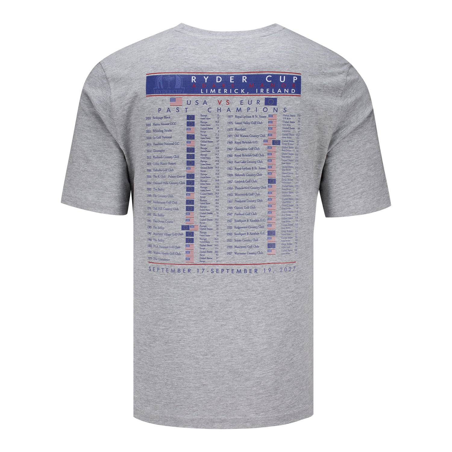 Ahead 2027 Ryder Cup Past Championship T-Shirt in Grey - Back View