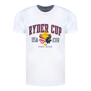 Ahead 2027 Ryder Cup Flags and Trophy T-Shirt in White - Front View