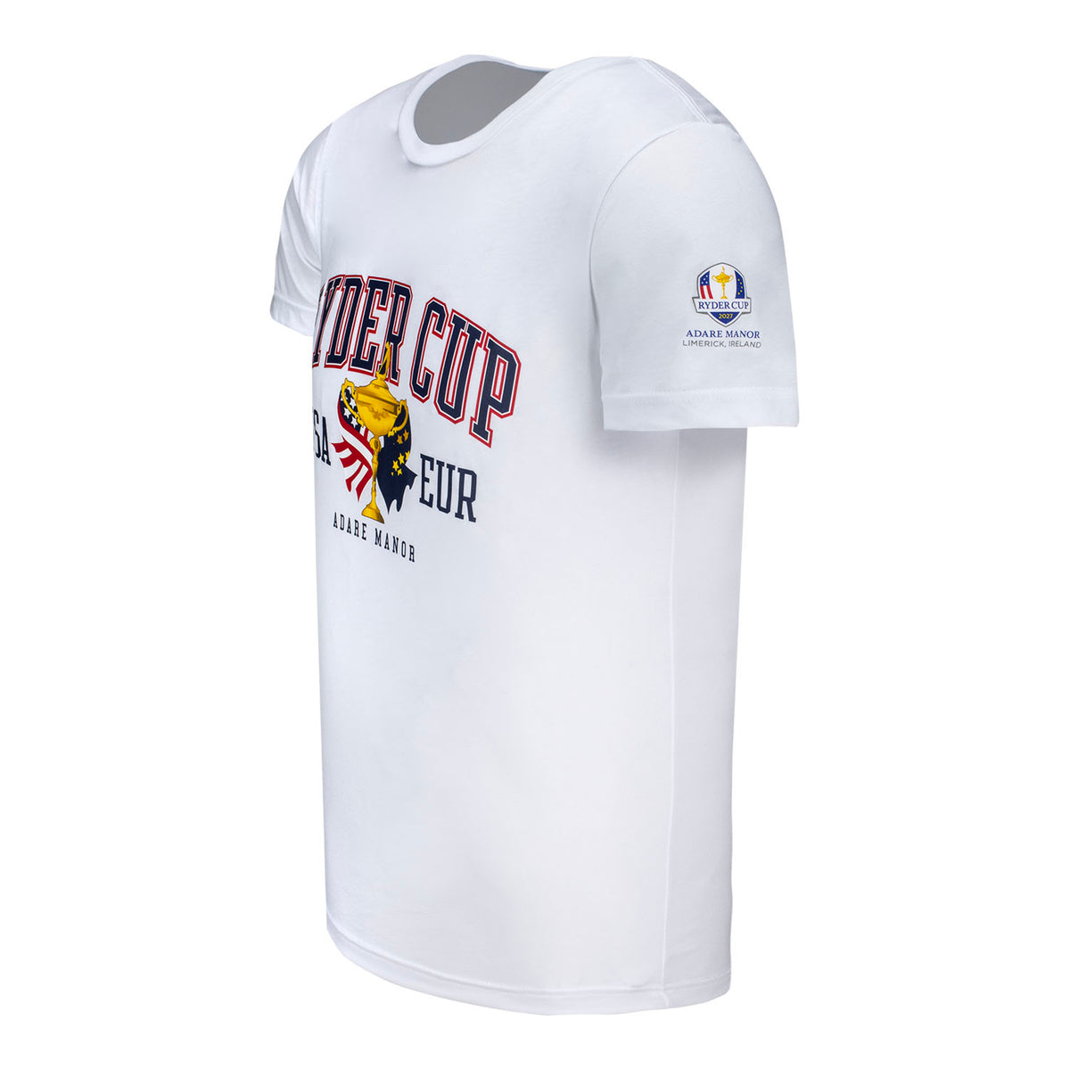 Ahead 2027 Ryder Cup Flags and Trophy T-Shirt in White - Left Side