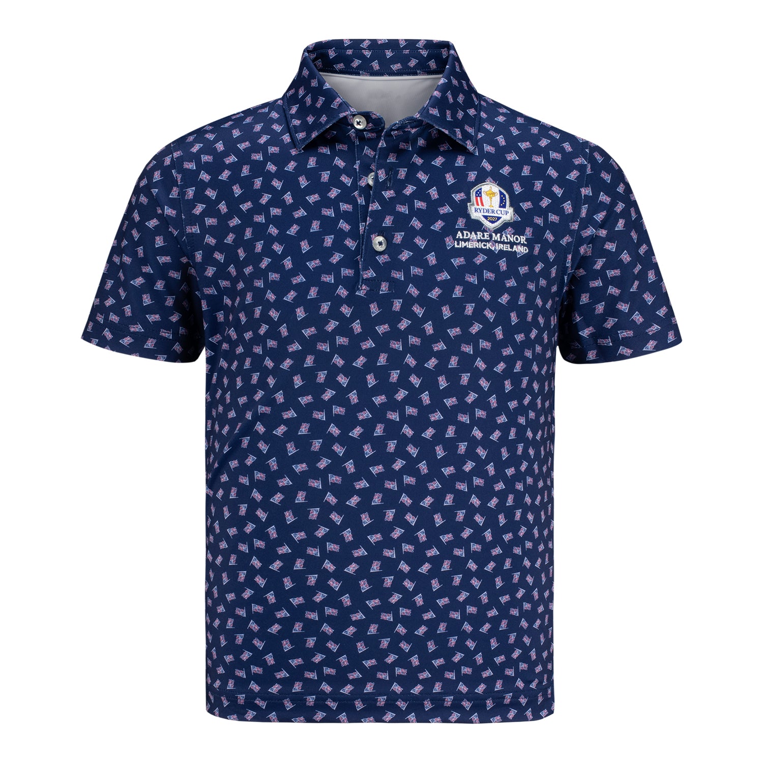Johnnie-O 2027 Ryder Cup Boy's USA Flag Performance Jersey Polo in Navy - Front