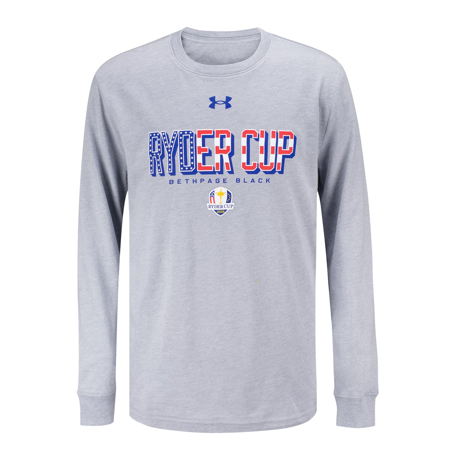 Under Armour 2025 Ryder Cup Youth Performance Cotton Flag Text T-Shirt in Steel Heather - Front View