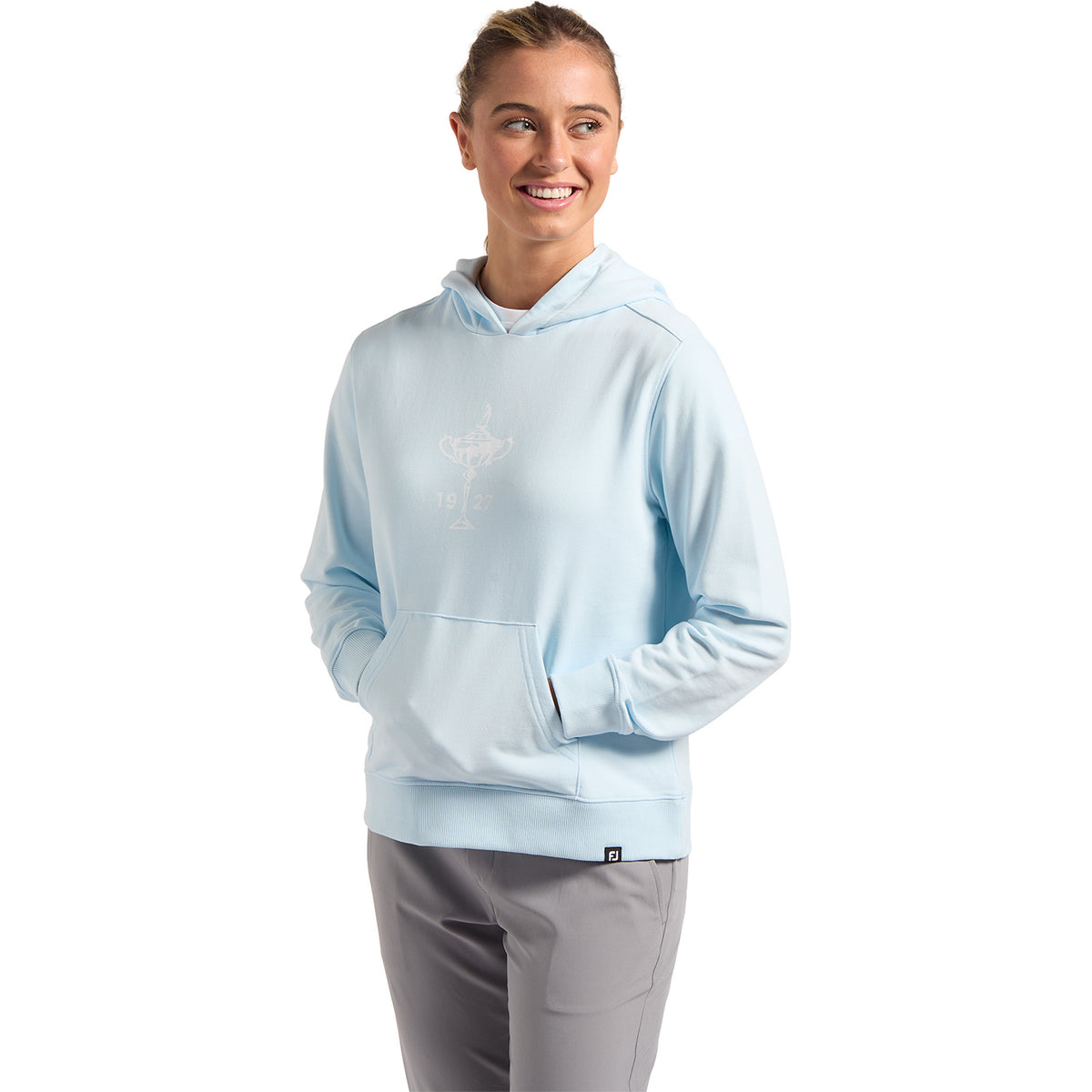 FootJoy 1927 Trophy Women&#39;s Hooded Sweatshirt in Light Blue - Modeled Front View