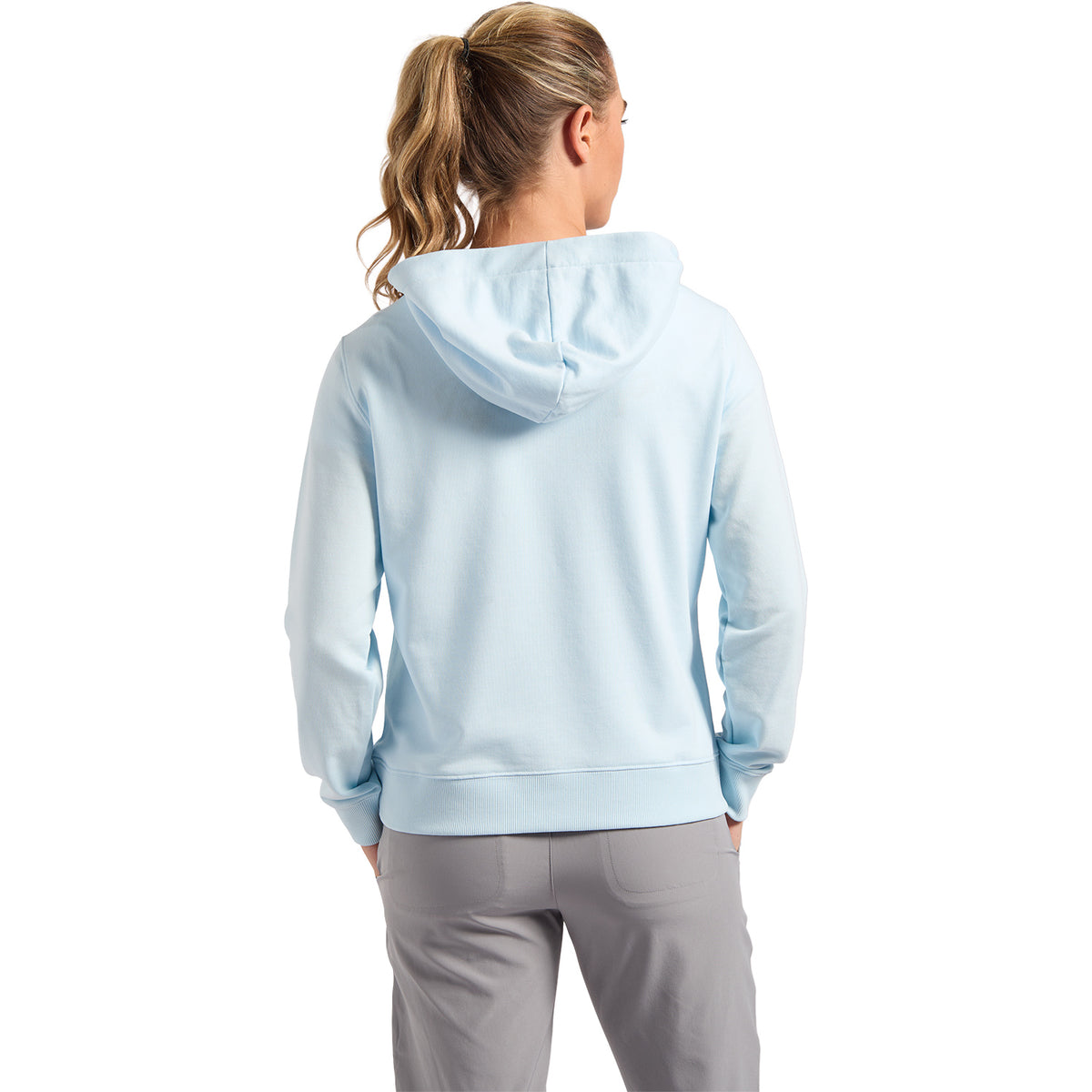 FootJoy 1927 Trophy Women&#39;s Hooded Sweatshirt in Light Blue - Modeled Back View