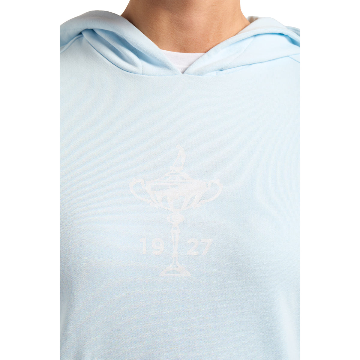 FootJoy 1927 Trophy Women&#39;s Hooded Sweatshirt in Light Blue - Front Close Up