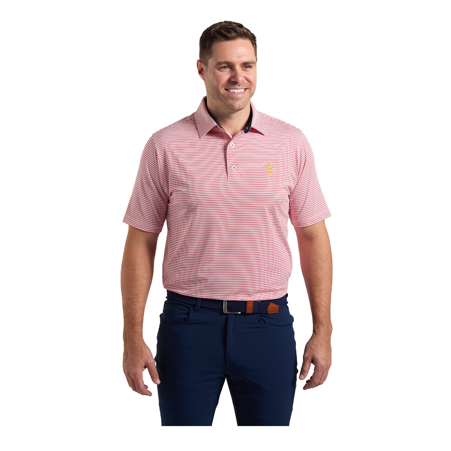 FootJoy 1927 Trophy Striped Polo in Red - Modeled Front View