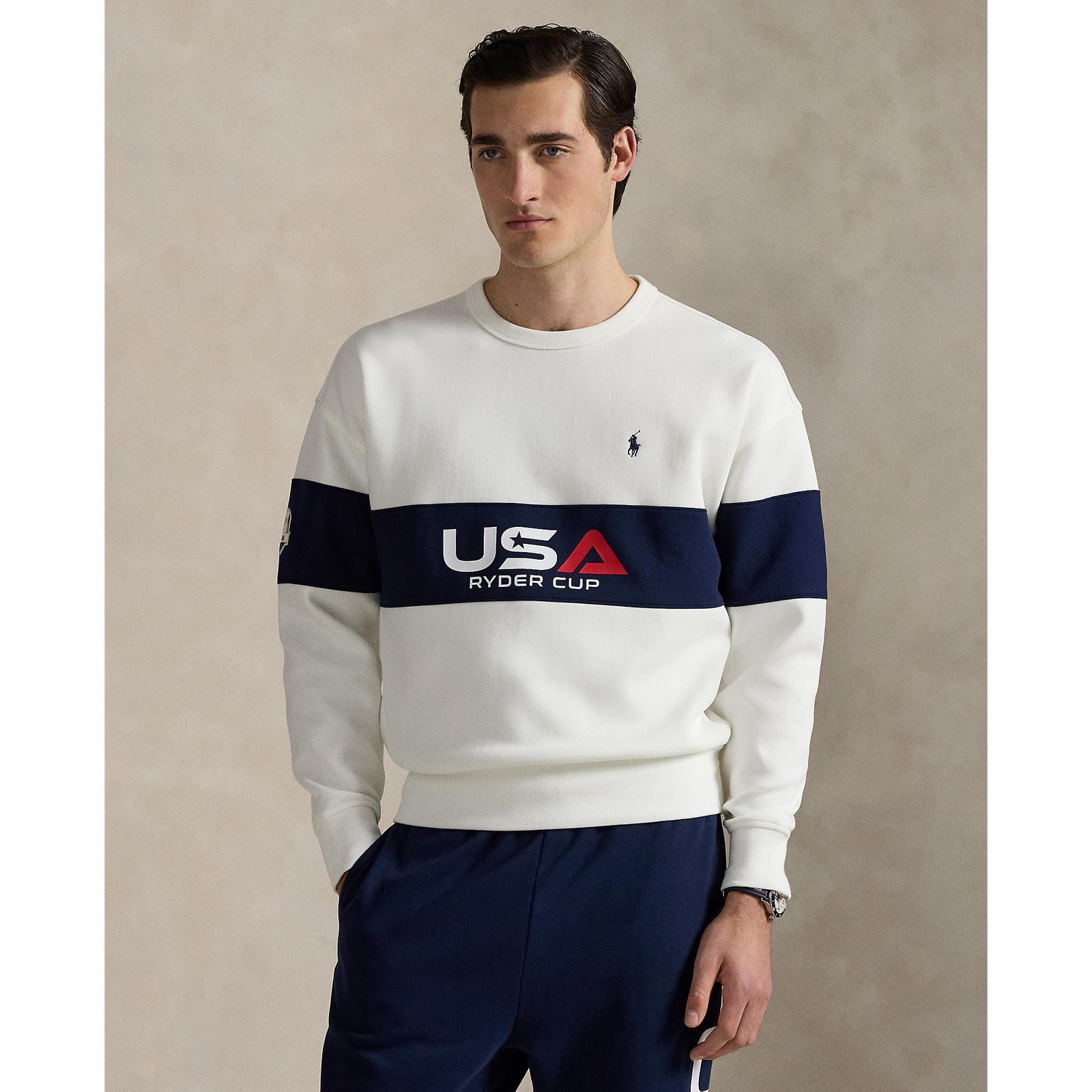 Ralph Lauren 2025 Ryder Cup Performance Sweatshirt in Refined Navy Multi - Modeled Video