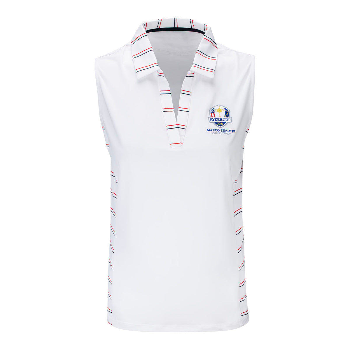 FootJoy 2023 Ryder Cup Women&#39;s Stripe Trim Sleeveless Polo in White- Front View 