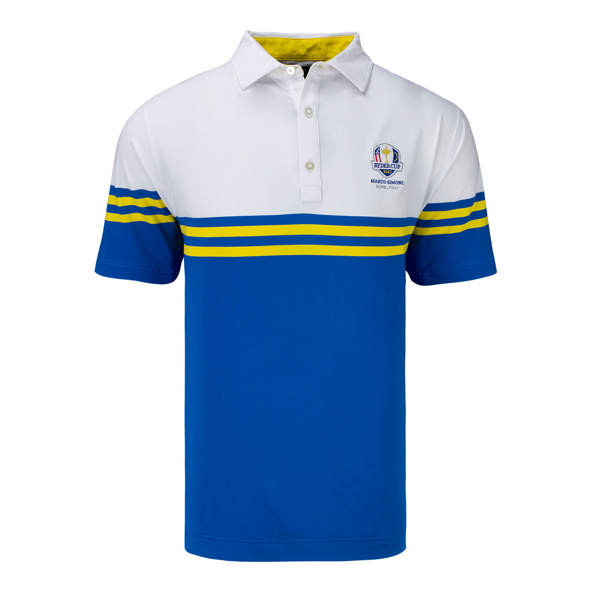 FootJoy 2023 Ryder Cup Color Block Lisle Polo in White &amp; Blue- Front View