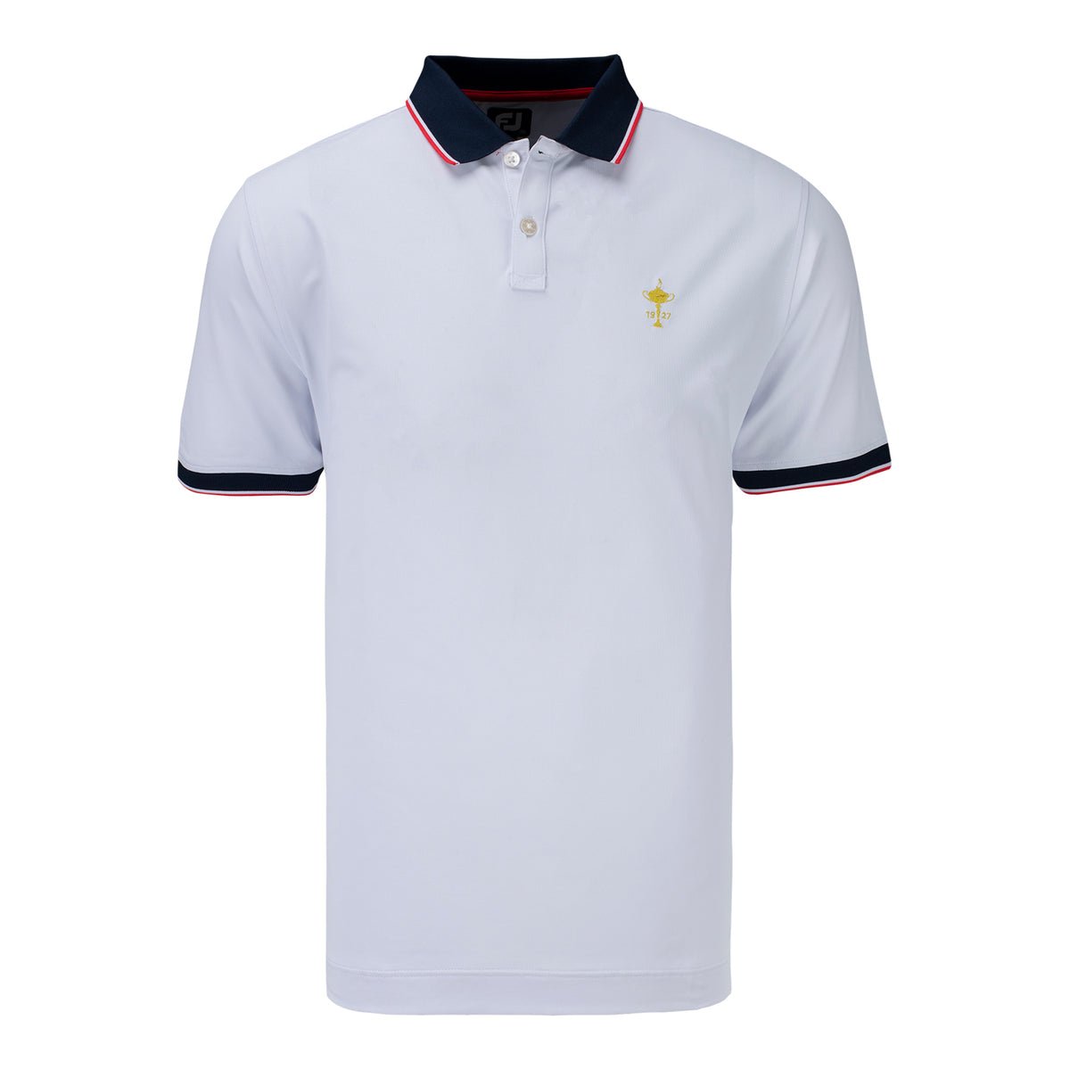 FootJoy Trophy Solid with Stripe Trim Pique Polo in White- Front View