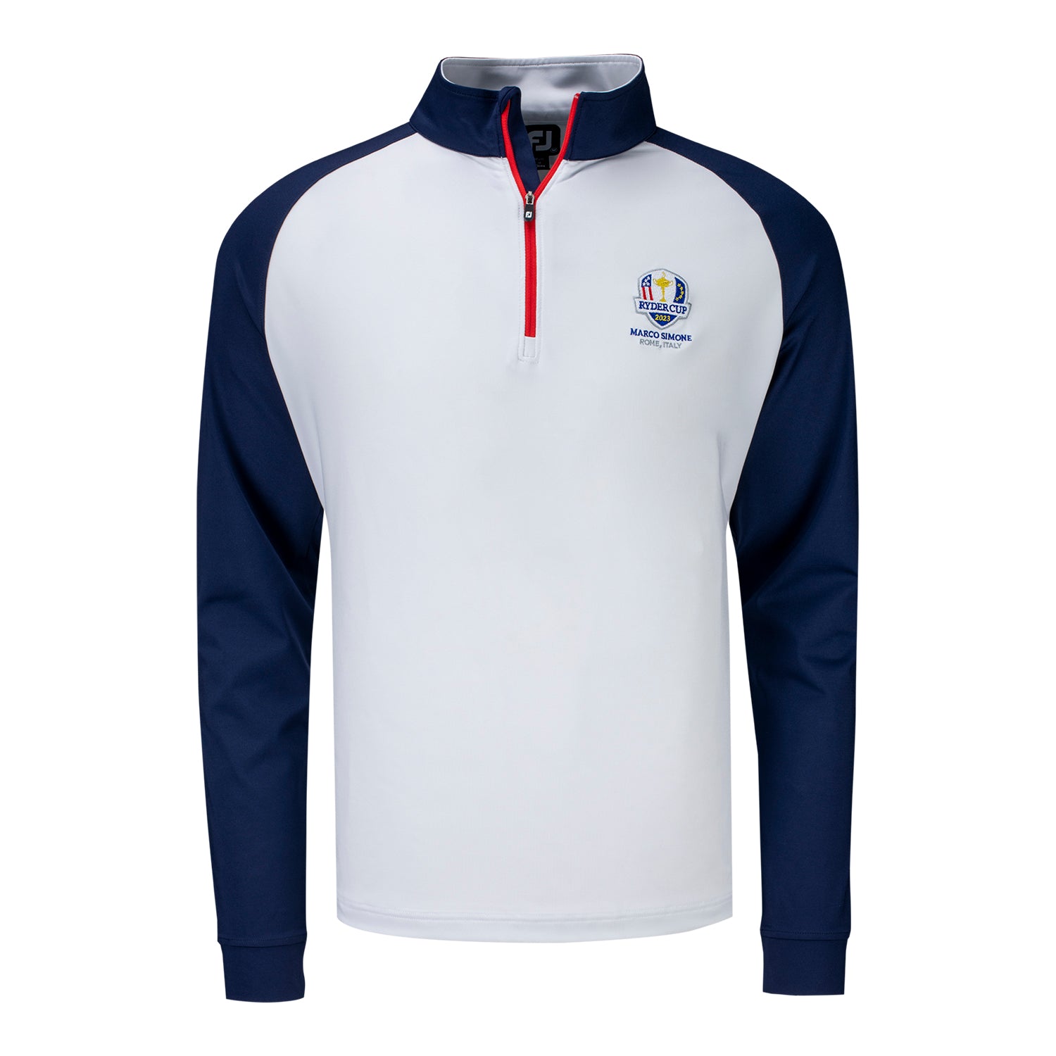 FootJoy 2023 Ryder Cup Color Block Half Zip Pullover in Navy & White- Front View