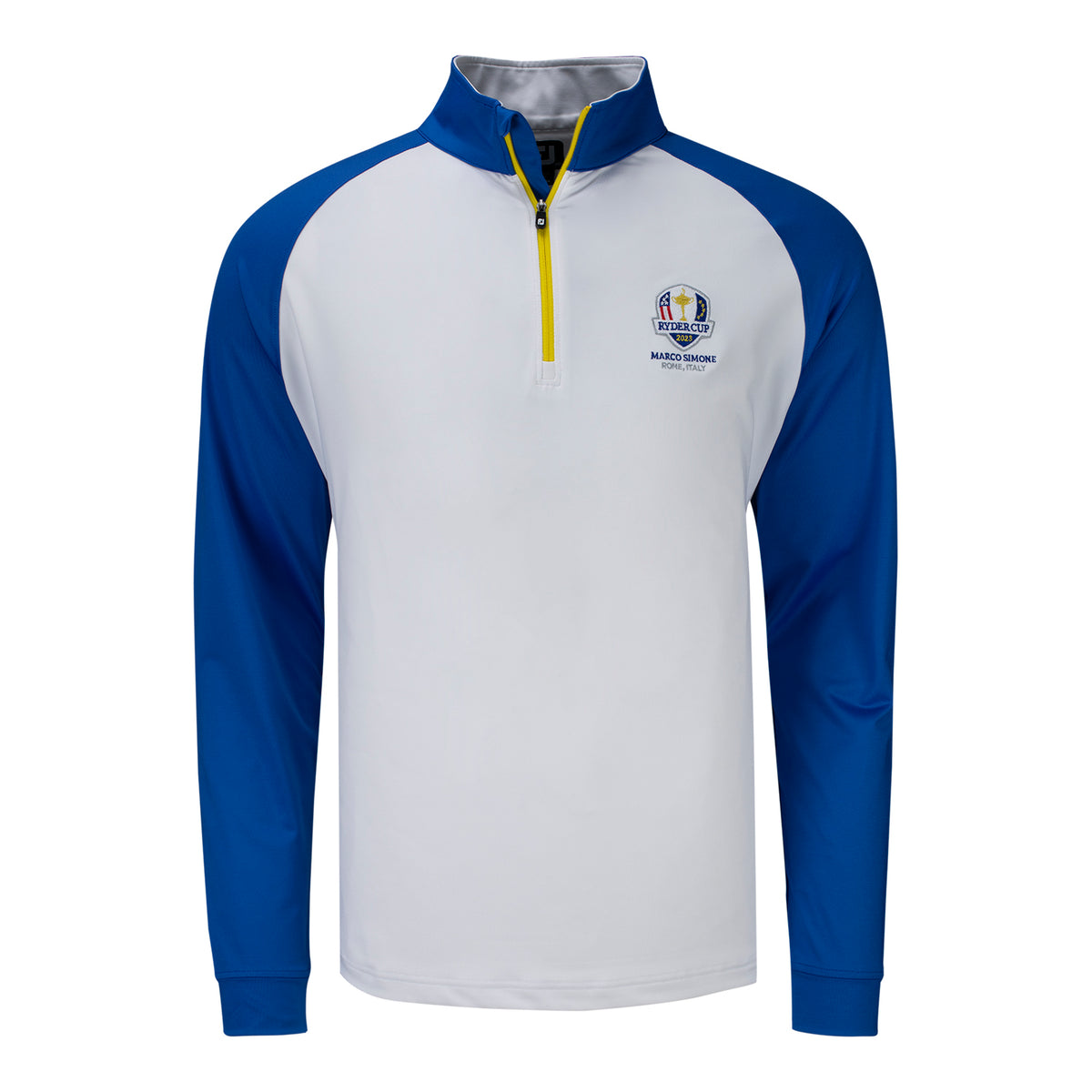 FootJoy 2023 Ryder Cup Color Block Half Zip Pullover in Blue &amp; White- Front View