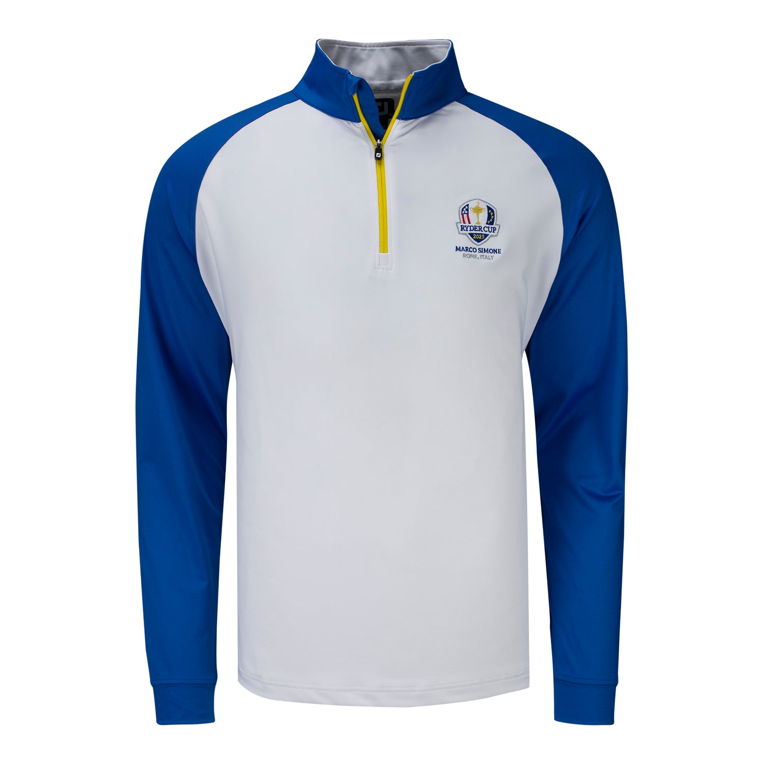 FootJoy 2023 Ryder Cup Color Block Half Zip Pullover in Blue & White- Front View